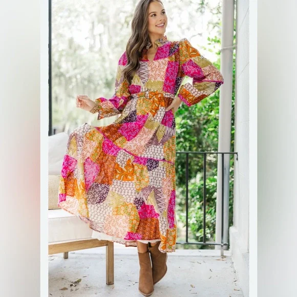 FATE Women's Medium Happy For You Patchwork Midi Dress Fuchsia Pink Boho - Picture 2 of 10